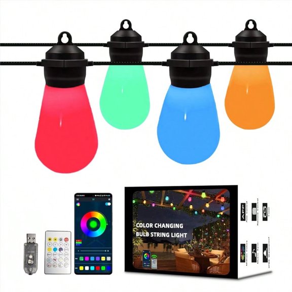Outdoor Colorful String Lights Decoration Christmas S14 26.8FT Patio Lights with 10 Shatterproof LED Bulbs APP & Remote Control USB Powered Waterproof for Garden, Wedding, Party, Camping