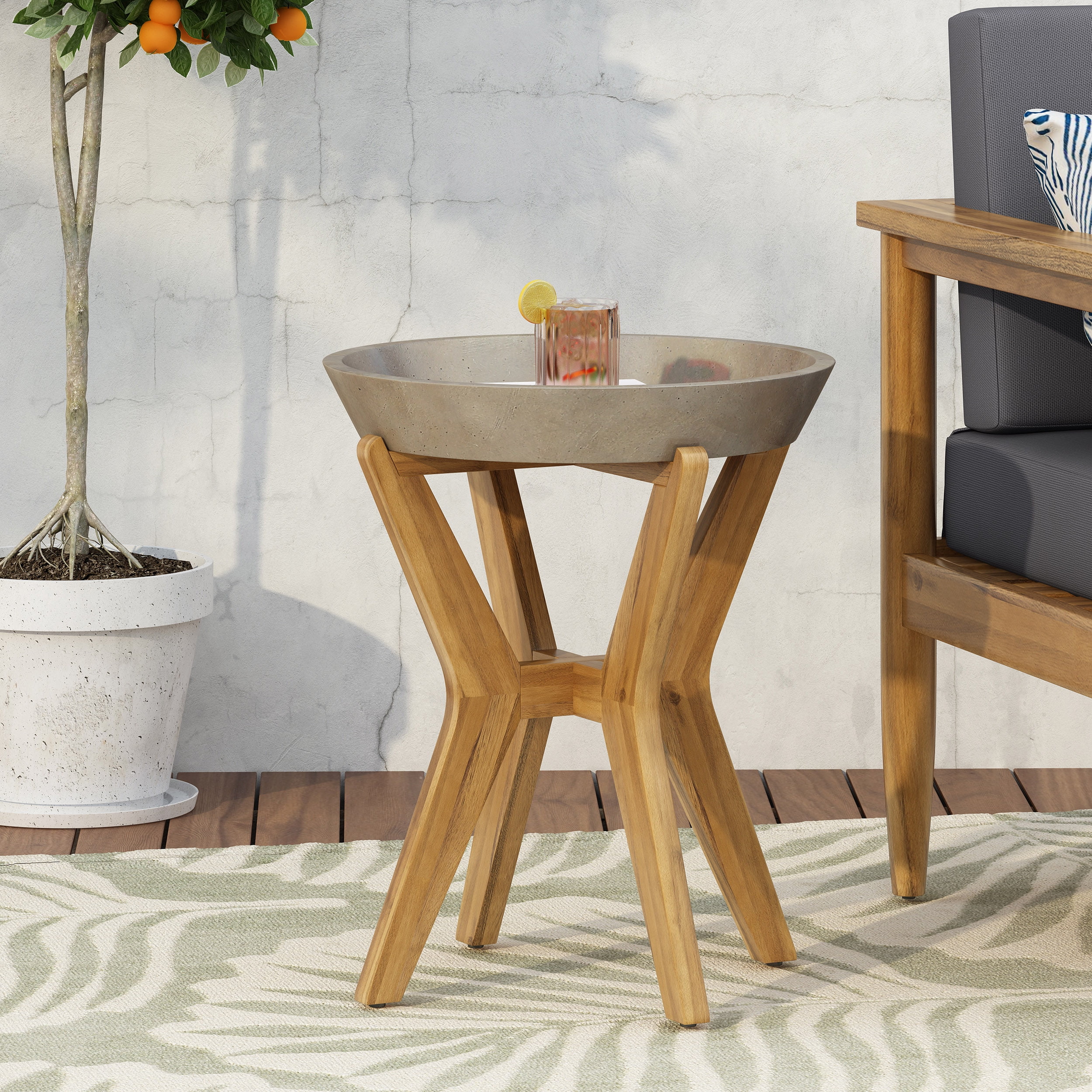Outdoor Combined Material Side Table, Concrete and Acacia Wood Craft Accent Table for Patio Garden, Light Gray
