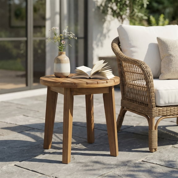 Outdoor Compact Side Table 16 Inch, Solid Acacia Wood Accent Table for Patio Garden, Teak