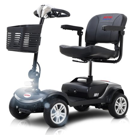 Outdoor Compact Travel Mobility Scooter with Front & Rear Light, Foldable Electric Powered Mobility Scooters for Seniors Long Range 4 Wheel Mobility Scooter, 300lb Max Weight Capacity (Chrome)