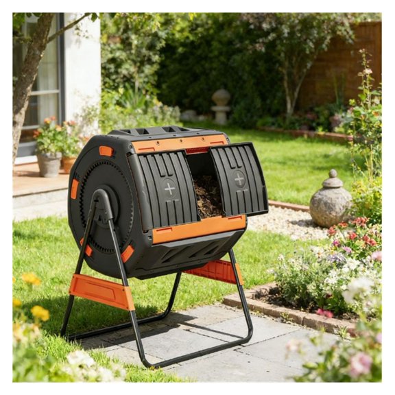 Outdoor Compost Bin - Dual Chamber Tumbler - 37 Gallon Rotating Composter - Orange - Fast & Easy Composting for Garden & Yard Waste