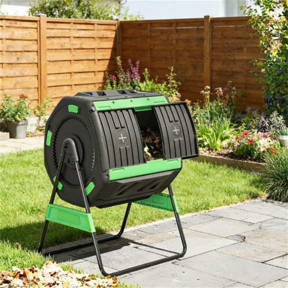 Outdoor Composting Bin Dual Chamber Composting Machine 360° Rotating Composter with Adjustable Vents Elevated Base Stable Metal Frame Green