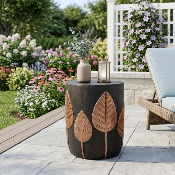 Outdoor Concrete Cylinder Side Table with Leaf Pattern - Copper Finish