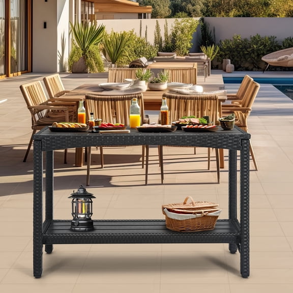 Outdoor Console Table Patio Buffet Bar Storage Organizer 45" Long Wicker Sofa Serving Sideboard Table 2-Shelf Outdoor Narrow Bar Table Tall Rectangle With Adjustable Feet For Entryway Black
