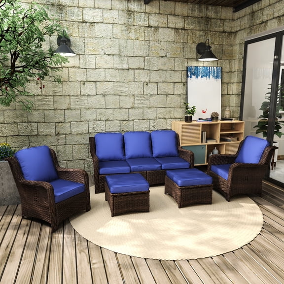 Outdoor Conversation : 3 Couch, 2 Single Chairs, Ottomans. Gray-navy For Lawn, Garden, Backyard. Rust- Steel Frame. Hand-woven . Protected Fade- Cushions. High Foam Comfort. Modern Design Spaces