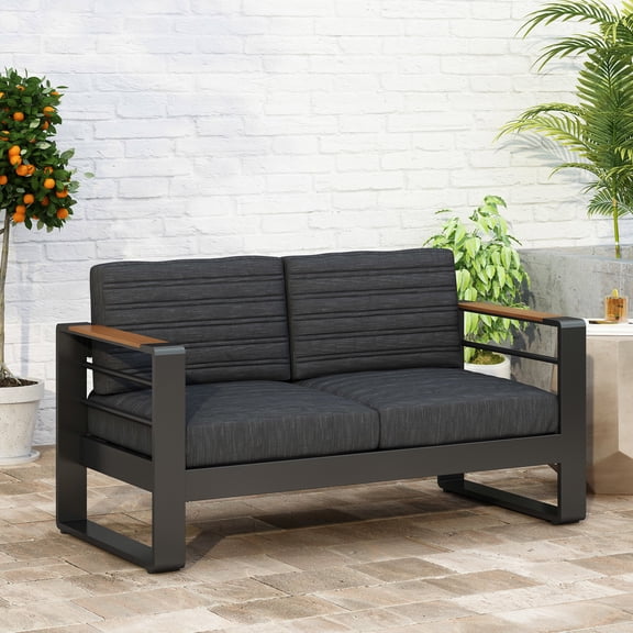 Outdoor Conversation Loveseat | Talk with a Friend on a Brisk Day | Aluminum Frame and Dark - Grey Polyester Seating | Tufted Back Cushions for Cozy Seating