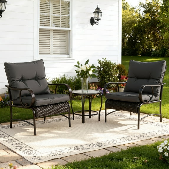 Outdoor Conversation Set of 3, Outdoor Patio Bistro Chair Set with Cushions & Coffee Table, All Weather Wicker Patio Furniture Set, Ideal for Patio, Poolside, Yard, Deck, Coffee Bar