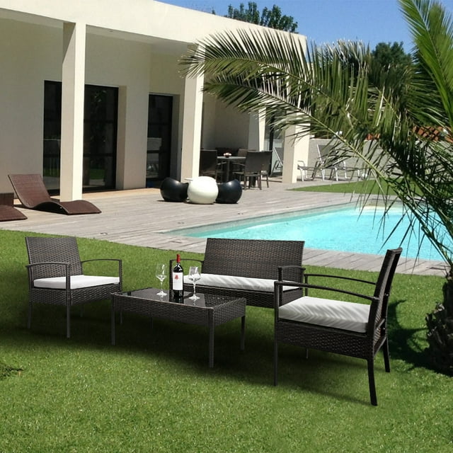 Outdoor Conversation Set for Patio, BTMWAY All-weather Patio Deck Furniture Set for Lawn Backyard Garden Poolside,Wicker Outdoor Bistro Sofa Chairs Set w/Loveseat/Bistro Chair/Side Table/Cushions,R650