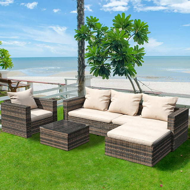 Outdoor Conversation Sets, 4 Piece Patio Furniture Sets with Wicker Chair, 3-Seat Sofa, Ottoman, Glass Table, All-Weather PE Rattan Patio Sectional Sofa Set for Backyard, Porch, Garden, Pool, L4487