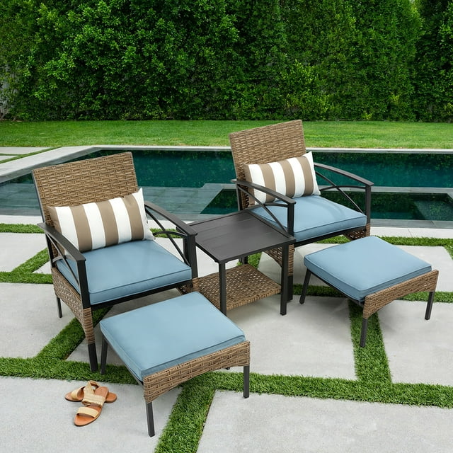 Outdoor Conversation Sets, 5 Piece Patio Furniture Sets with 2 Cushioned Chairs, 2 Ottoman, Wicker Table, PE Wicker Rattan Outdoor Lounge Chair Chat Conversation Set for Backyard, Porch, Garden