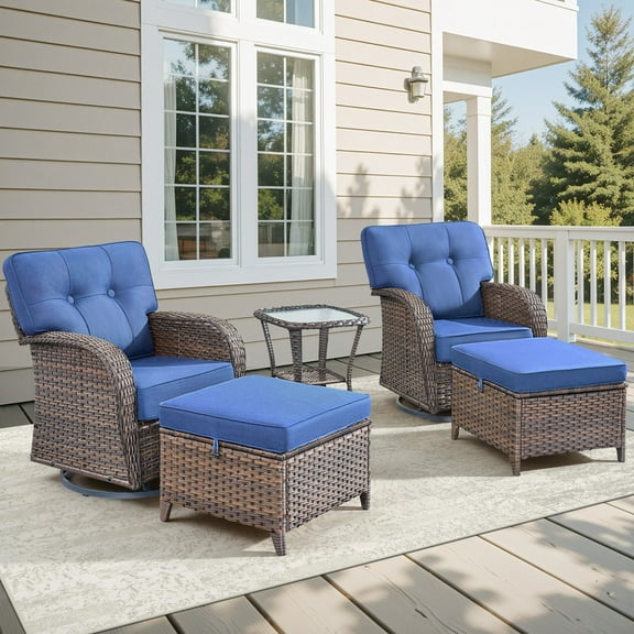Outdoor Conversation Sets, 5 Piece Patio Wicker Furniture Sets with Swivel Rocking Chairs, Ottomans and Side Table, All-Weather Sectional Chairs with 5" Thick Blue Cushions for Porch Deck Garden