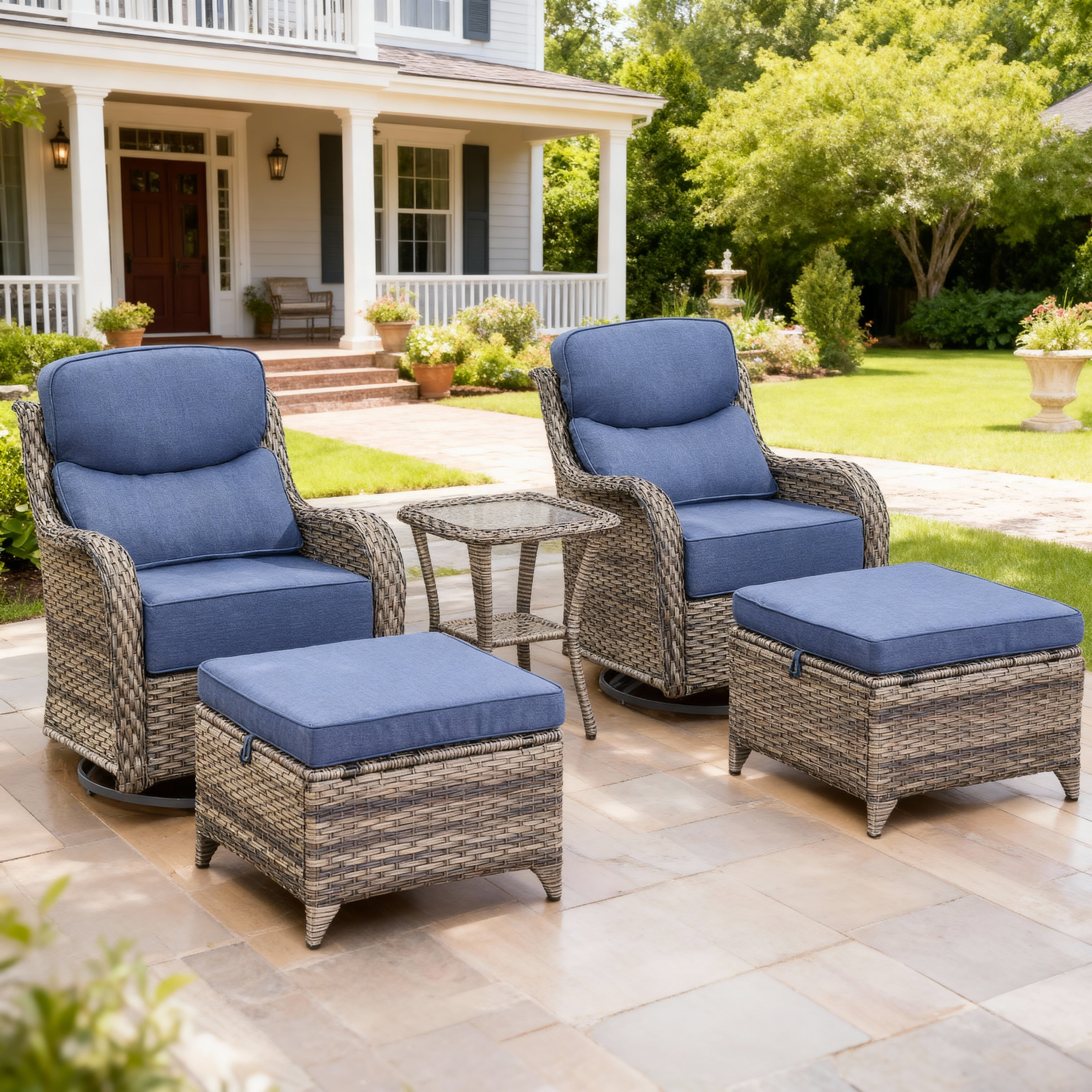 Outdoor Conversation Sets 5-Piece Patio Wicker Rattan Furniture Set with Swivel Rocking Chairs, Ottomans, Side Table and Upgrade 6" Cushions for Balcony Deck Backyard, Blue