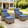 thumbnail image 1 of Outdoor Conversation Sets 5-Piece Patio Wicker Rattan Furniture Set with Swivel Rocking Chairs, Ottomans, Side Table and Upgrade 6" Cushions for Balcony Deck Backyard, Blue, 1 of 12