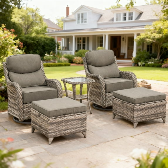 Outdoor Conversation Sets 5-Piece Patio Wicker Rattan Furniture Set with Swivel Rocking Chairs, Ottomans, Side Table and Upgrade 6" Cushions for Balcony Deck Backyard, Gray