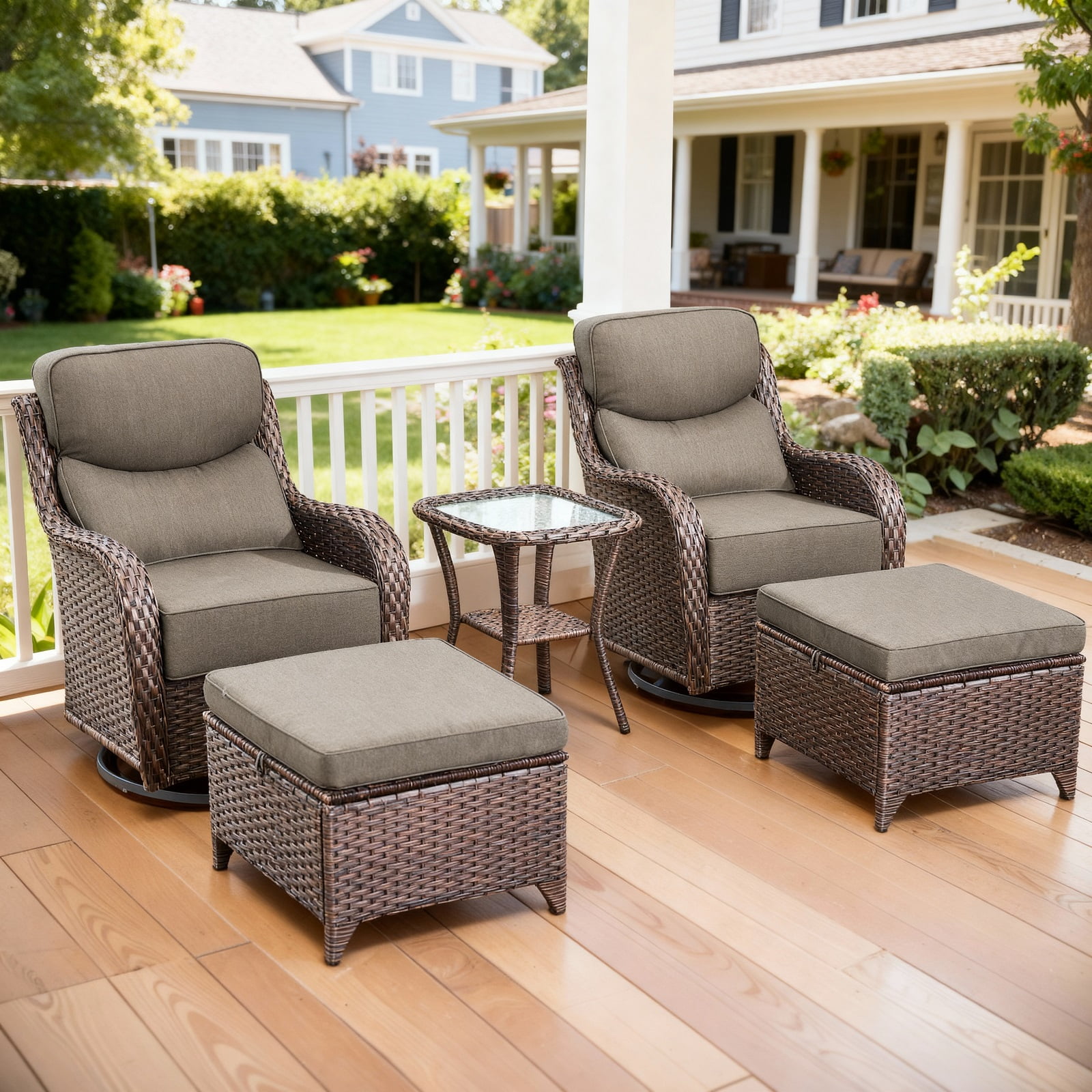 Outdoor Conversation Sets 5-Piece Patio Wicker Rattan Furniture Set with Swivel Rocking Chairs, Ottomans, Side Table and Upgrade 6" Cushions for Balcony Deck Backyard, Gray