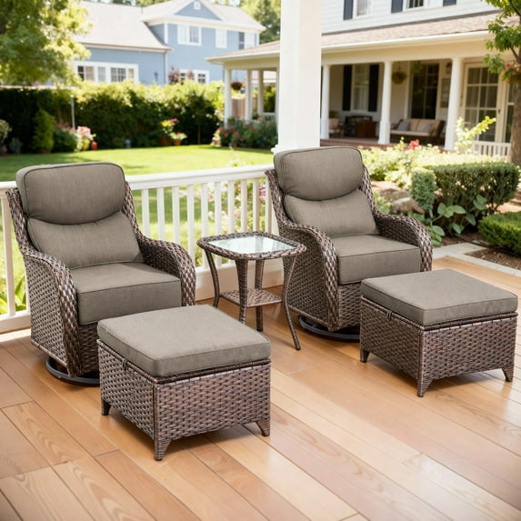 Outdoor Conversation Sets 5-Piece Patio Wicker Rattan Furniture Set with Swivel Rocking Chairs, Ottomans, Side Table and Upgrade 6" Cushions for Balcony Deck Backyard, Gray