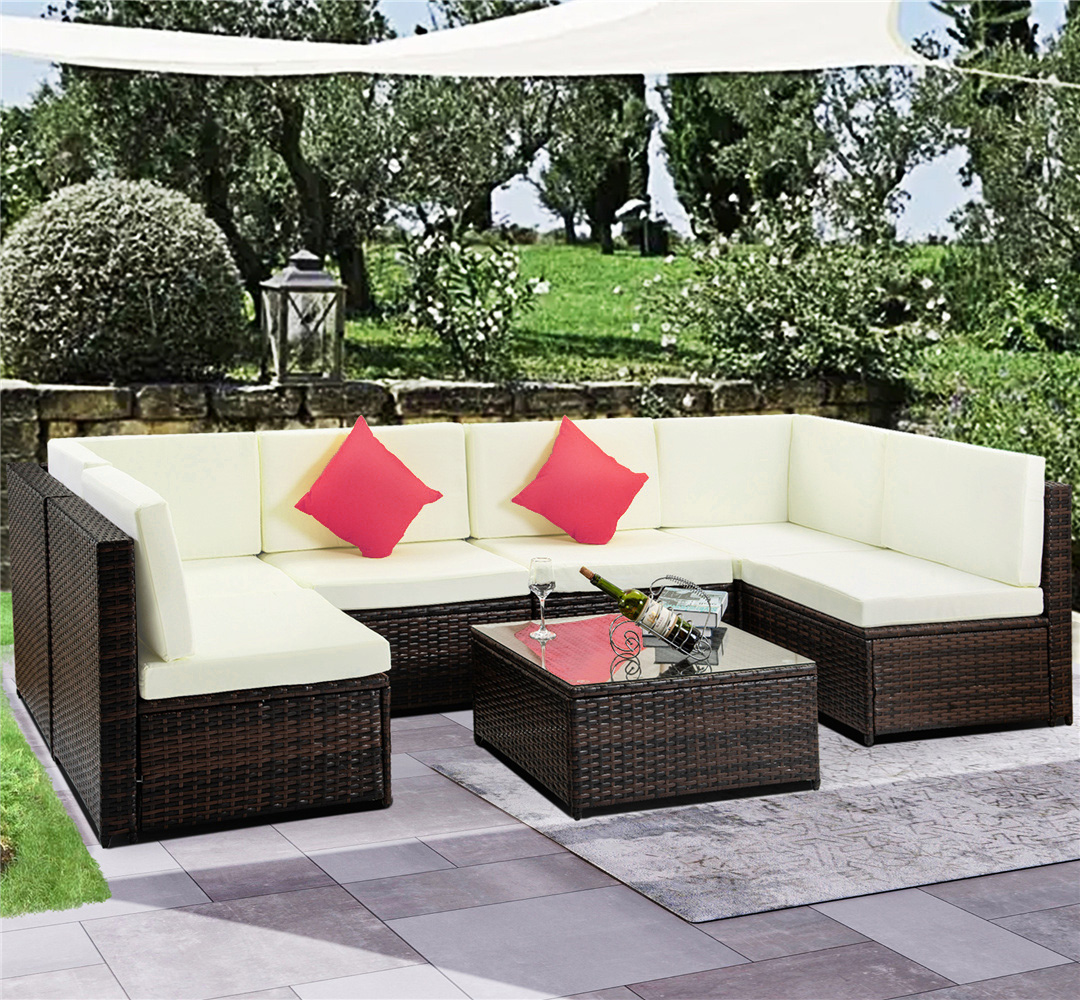 Patio Conversation Set, 7 Piece Outdoor Patio Furniture Sets, 6 Rattan Wicker Chairs and Glass Table, All-Weather Patio Sectional Sofa Set with Cushions for Backyard, Porch, Garden, Poolside, LLL861 - image 1 of 7