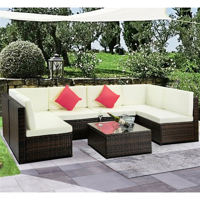 Patio Conversation Set, 7 Piece Outdoor Patio Furniture Sets, 6 Rattan Wicker Chairs and Glass Table, All-Weather Patio Sectional Sofa Set with Cushions for Backyard, Porch, Garden, Poolside, LLL861