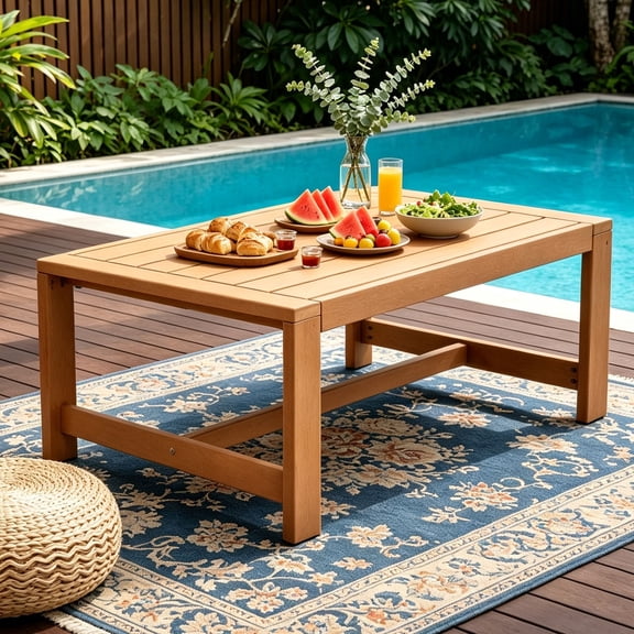Outdoor Side Table, HDPE Frame Rectangular Wooden Weather Resistant for Patio Backyard & Garden
