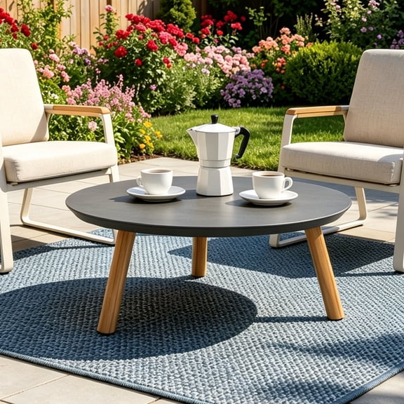 Outdoor Side Table, Teak Aluminum Frame Round Wooden Weather Resistant for Patio Backyard & Garden