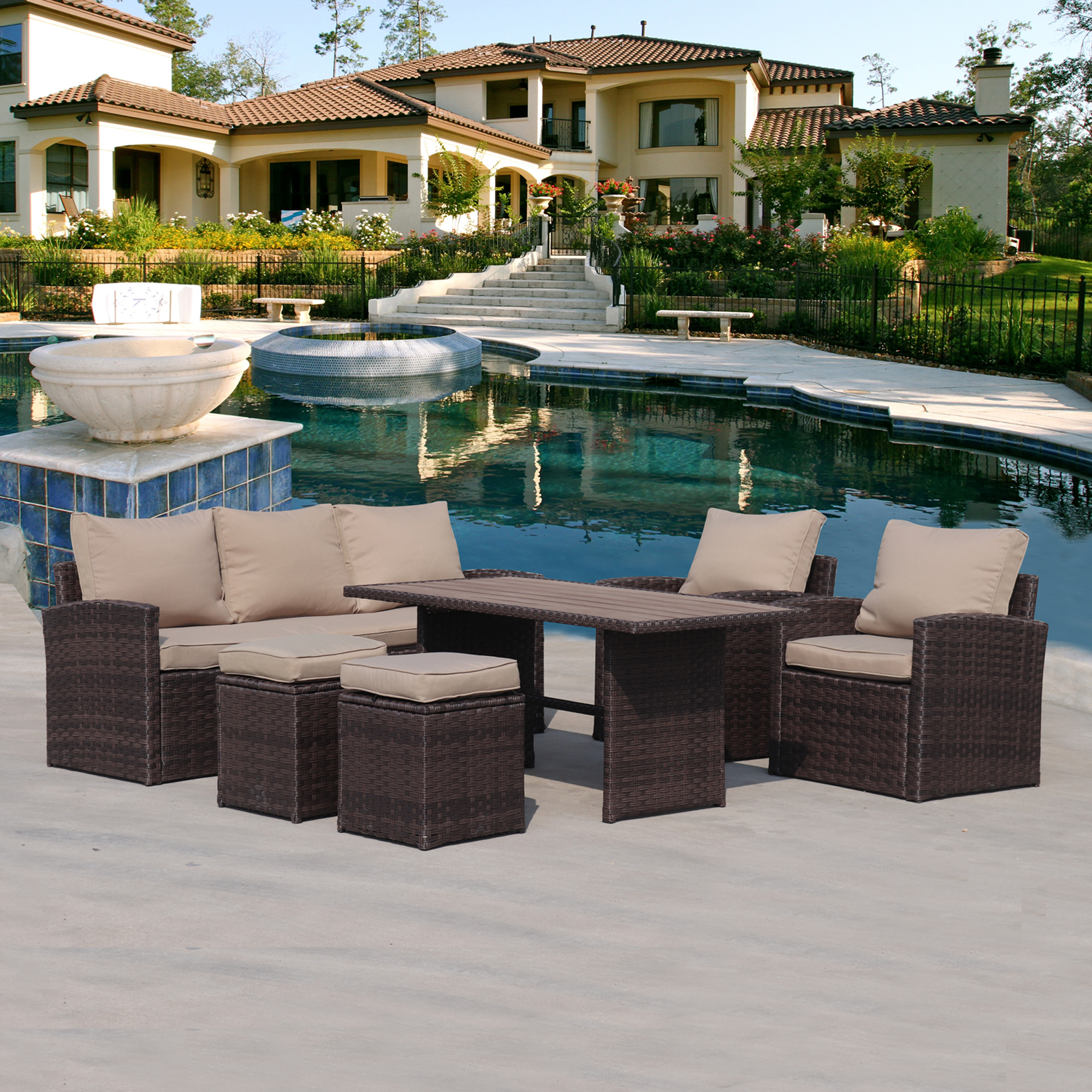 Outdoor Conversation Sofa Set, 6 Piece Patio Sectional Dining Table Chair with Ottomans & Cushions, PE Rattan Wicker Cushioned Couch Set for Pool Lawn Patio Backyard, Sectional Furniture Set - image 1 of 9