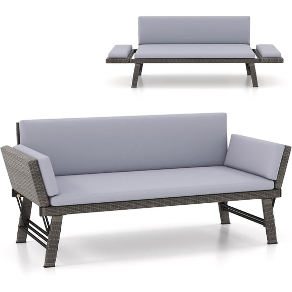 Outdoor Convertible Sofa Daybed with Adjustable Armrests, PE Rattan Patio Couch Furniture with Thick Cushions, for Porch, Balcony, Backyard, Poolside