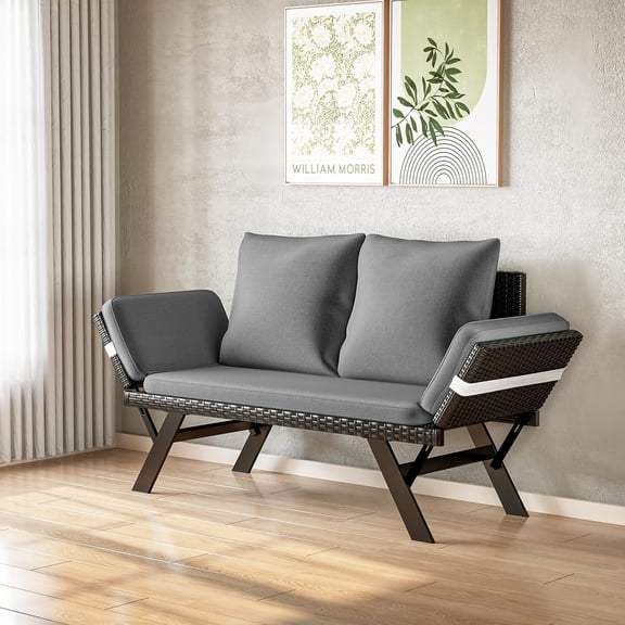 Outdoor Convertible Sofa, PE Woven Rattan Loveseat with Adjustable Armrests & Removable Cushions