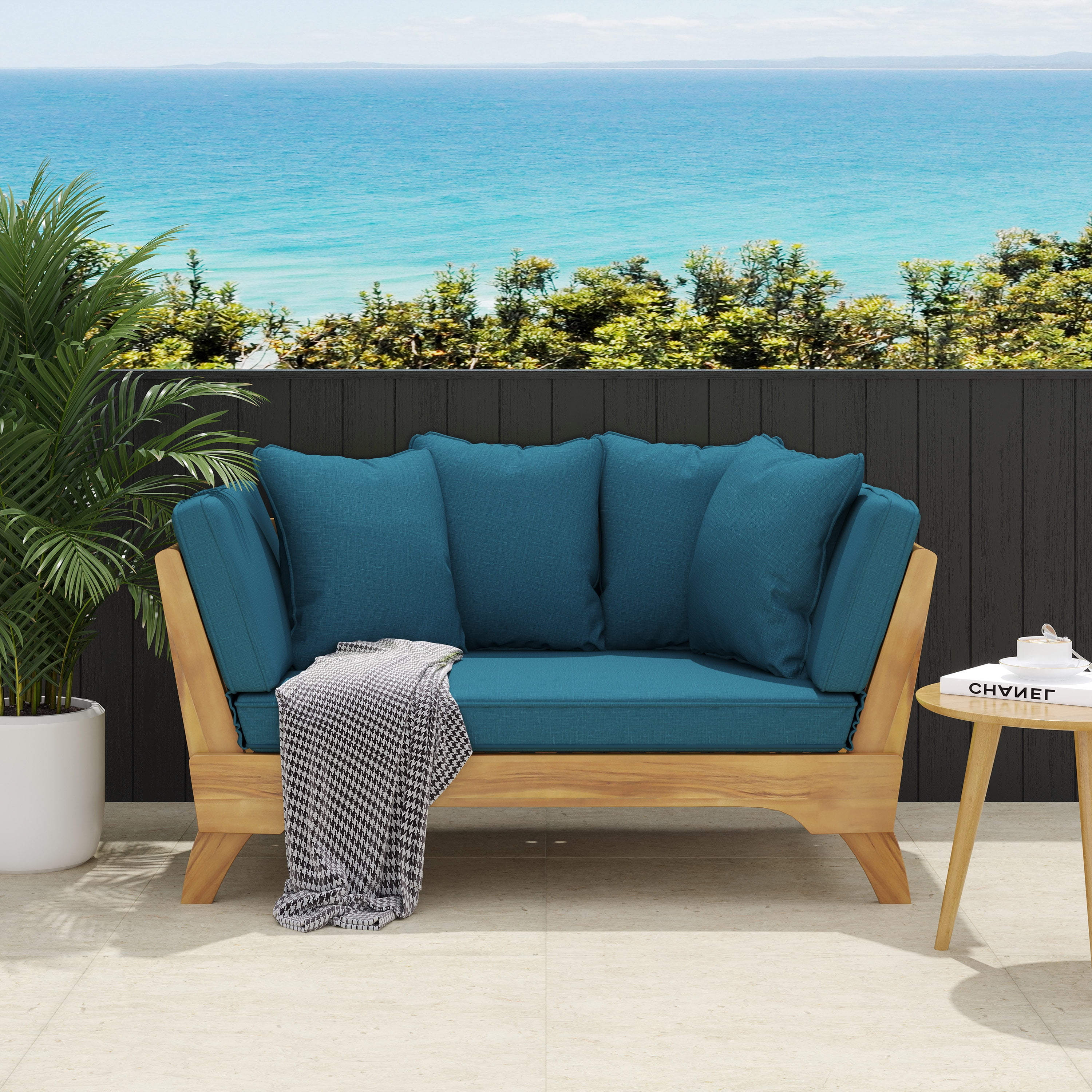 Outdoor Convertible Sofa Rest Bed with Cushions, Expandable Acacia Wood Leisure Furniture for Patio Garden, Teak and Beige