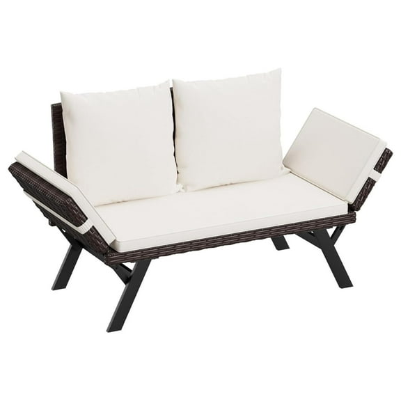 Outdoor Convertible Sofa, Woven Rattan Patio Furniture Sunbed with Adjustable Armrests, Removable Cushions and Pillows for Patio, Porch, Pool (Brown Lounger & Beige Pillowcase)