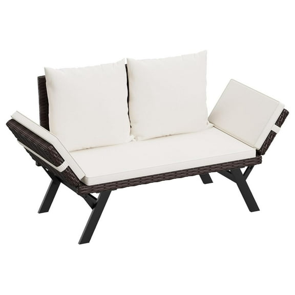 Outdoor Convertible Sofa, Woven Rattan Patio Furniture Sunbed with Adjustable Armrests, Removable Cushions and Pillows for Patio, Porch, Pool (Brown Lounger & Beige Pillowcase)