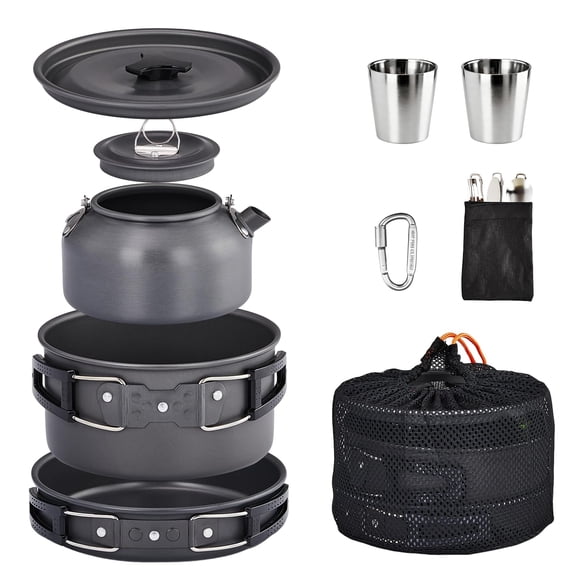 Outdoor Cooking Set 10 Piece, Lightweight Camping Pots and Pans, Non Stick Camping Cookware with Stainless Steel Kettle, Perfect for Backpacking, Campfires, Travel, Black