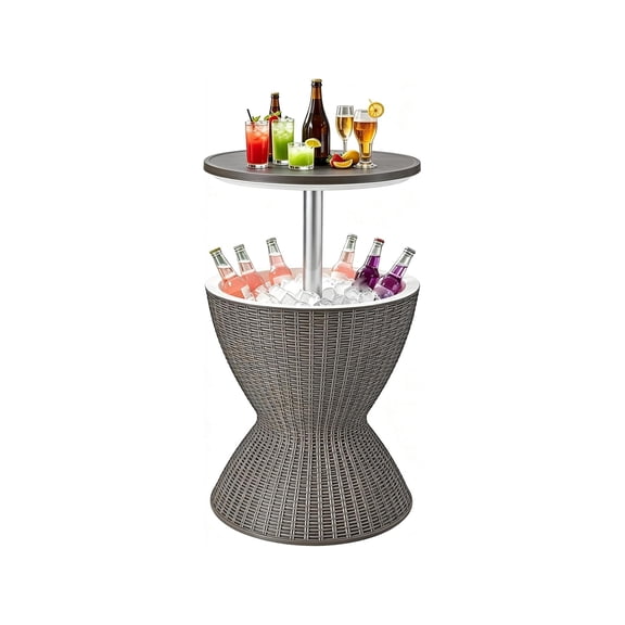 Outdoor Cool Bar Table, 8 Gallon Beer and Wine Cooler with Drainage Plug, Height Adjustable Rattan Style Cocktail Patio Table, 3-in-1 Ice Bucket for Deck, Pool, Party, Beach, Brown