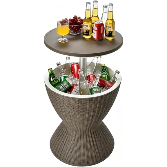 Outdoor Cool Bar Table, Rattan Style Patio 8 Gallon Beer and Wine Cooler, All-Weather Ice Bucket w/Height Adjustable Top, Drainage Plug, 3-in-1 Cocktail Coffee Table for Party, Pool (Coffee)