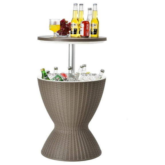 Outdoor Cool Bar Table, Rattan Style Patio 8 Gallon Beer and Wine Cooler, All-Weather Ice Bucket w/Height Adjustable Top, Drainage Plug, 3-in-1 Cocktail Coffee Table for Party, Pool (Coffee)