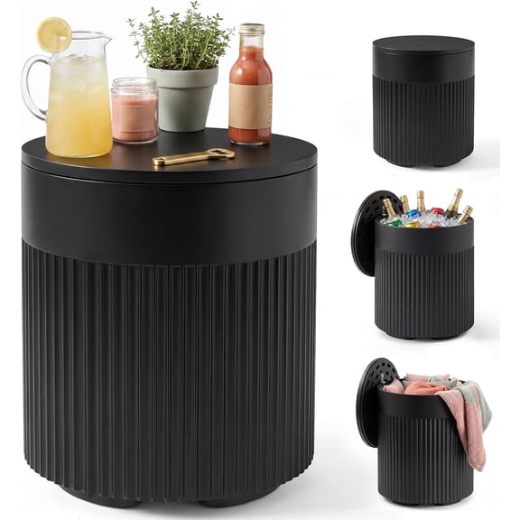 Outdoor Cooler Side Table, 3-in-1 Patio Ice Cooler Table with Storage, HDPE Outdoor Table with Drain Plug, Holds 24 Cans & Fits Wine Bottles, Poolside Deck Backyard