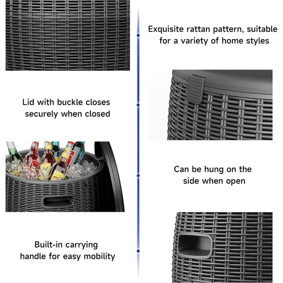 Outdoor Cooler Side Table, 9.5 Gallon Weather-Resistant Portable Ptio Cooler Table, Resin Rattan Round Cool Bar with Lid for Patio, Decor, Pool, Party (Black)