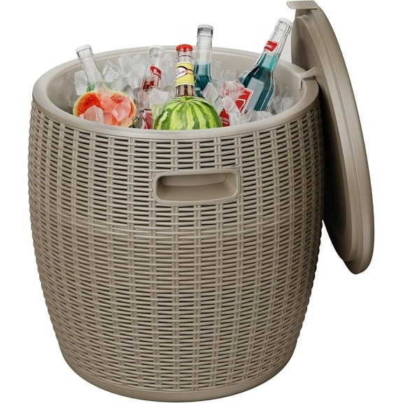 Outdoor Cooler Side Table, 9.5 Gallon Weather-Resistant Portable Ptio Cooler Table, Resin Rattan Round Cool Bar with Lid for Patio, Decor, Pool, Party (Gray)
