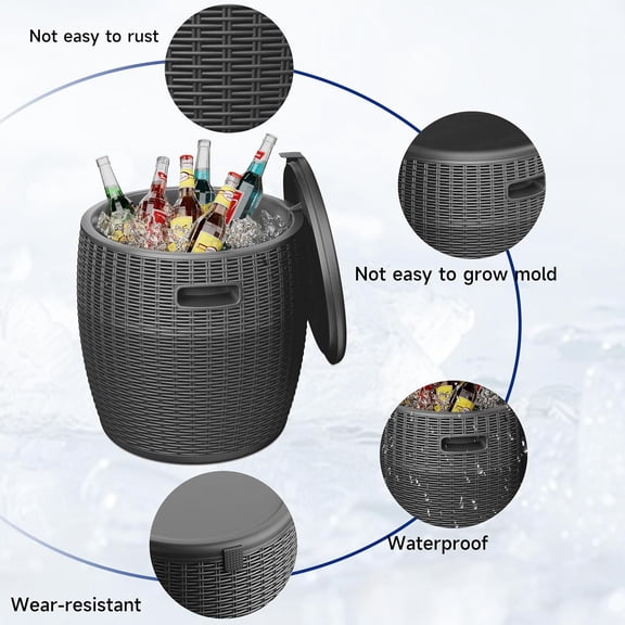 Outdoor Cooler Table, Protable Ice Bucket Side Table with Built-in Handle, Lid & Drain, Ice Cool Bar End Table for Camping, Beach, Picnic, Party, Pool