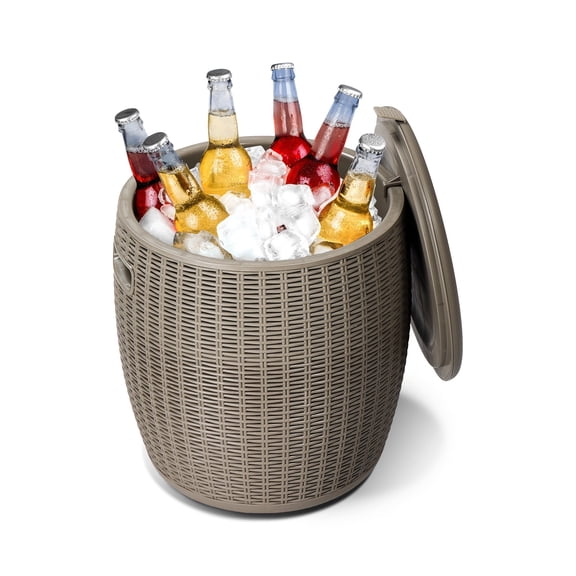 Outdoor Cooler Table, Protable Ice Bucket Side Table with Built-in Handle, Lid & Drain, Ice Cool Bar End Table for Camping, Beach, Picnic, Party, Pool