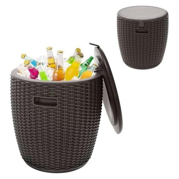 Outdoor Cooler Table Rattan Pattern - 9.5 Gallon Portable Ice Chest for Patio Parties, Beer & Wine Storage with Drain Plug Round Bar Table Perfect for Backyard BBQs(Grey)