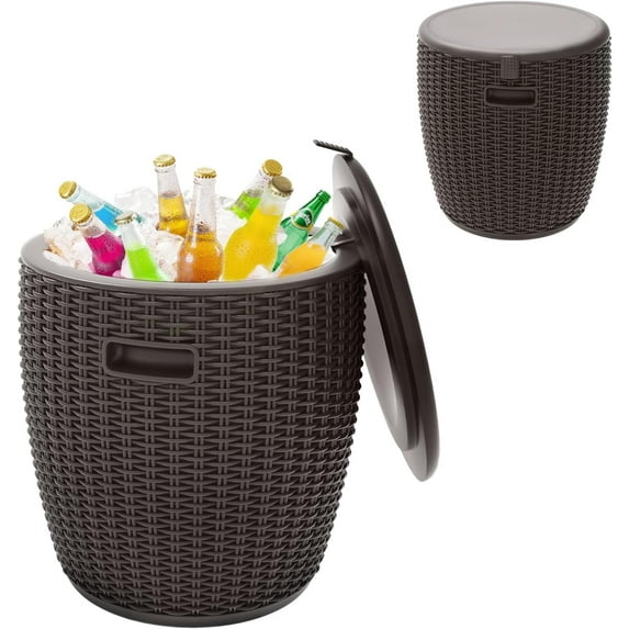 Outdoor Cooler Table Rattan Pattern - 9.5 Gallon Portable Ice Chest for Patio Parties, Beer & Wine Storage with Drain Plug – Round Bar Table Perfect for Backyard BBQs(Grey)