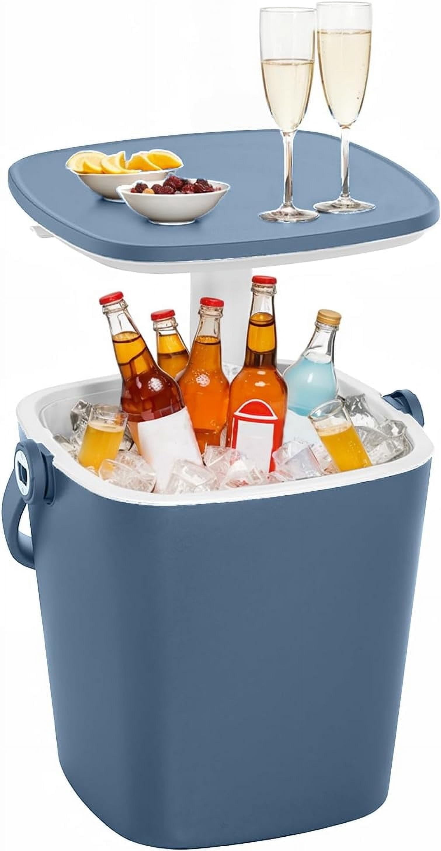 14.69×14.25×14.69 in Rattan Style Outdoor Cooler Table – 8 Gallon 3-in-1 Ice Bucket Height-Adjustable Design & Drainage Plug for Deck, Pool Parties, Barbecues & Picnics (Blue)