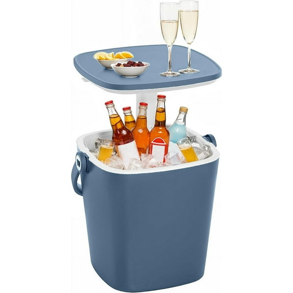14.69×14.25×14.69 in Rattan Style Outdoor Cooler Table – 8 Gallon 3-in-1 Ice Bucket Height-Adjustable Design & Drainage Plug for Deck, Pool Parties, Barbecues & Picnics (Blue)