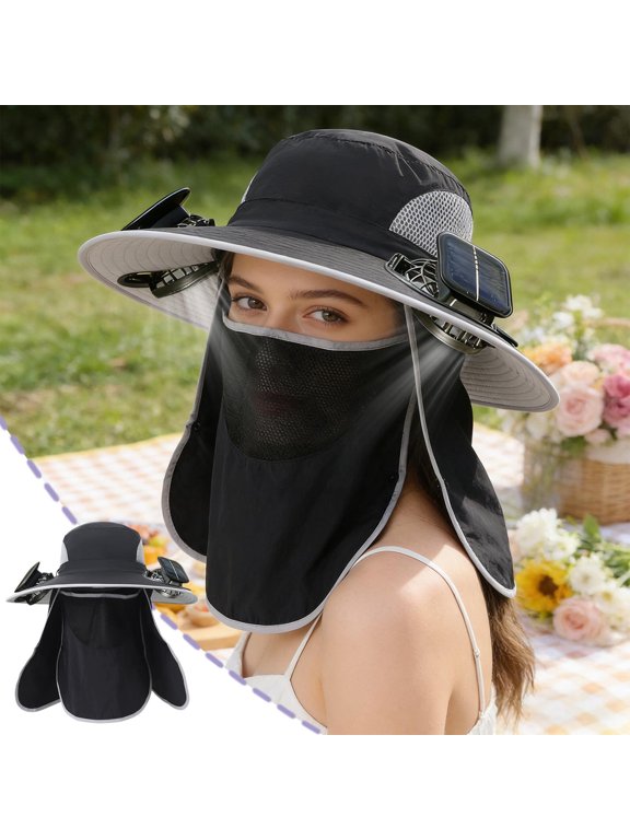 Outdoor Cooling Sun Hat With Solar Powered Fan, Breathable Mesh Neck Face Cover Sun Hats For Men Women For Hiking Fishing Gardening