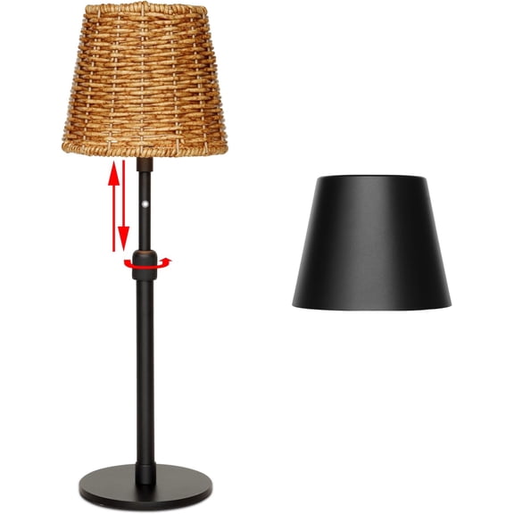 Outdoor   Cordless Table Lamp with Telescopic Pole & Wicker Shade, 5200mAh  Operated Table Light with Touch Control, for Patio Restaurant Kitchen (Black)