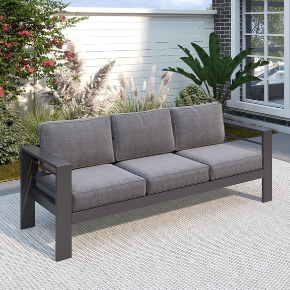 Outdoor Couch Aluminum Patio Furniture Sofa, 3-Seat All-Weather Metal Outdoor Patio Furniture with Cushions,Dark Grey
