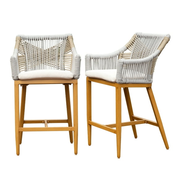 Outdoor Counter Height Bar Chairs Of 2 - Aluminum, Rope, Khaki Cushioned Seat For Patio, Pool, Garden Chairs, Aluminum Construction, Armrest And , Seat, Garden, Kitchen, Square Back, Style