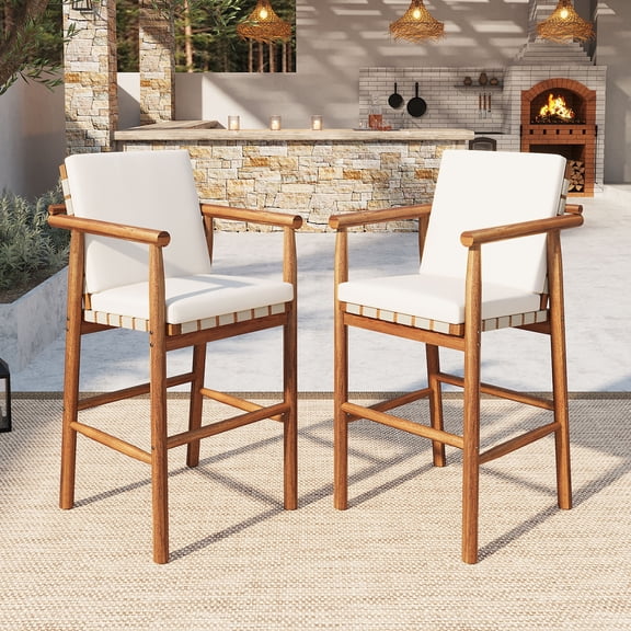 Outdoor Counter Height Bar Stools Chair Set of 2, Modern Patio Acacia Wooden Stools with Backrest Arm and Removable Cushions for Patio, Pool, Garden