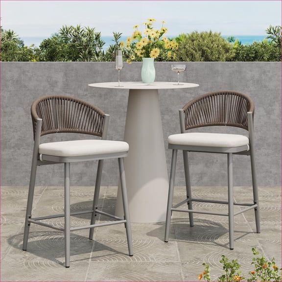 Outdoor Counter Stools | Set of 2, 26" Seat Height, Modern, For Patio Bar Dining | Matte Gray | PE Rattan+Iron+Waterproof Fabric