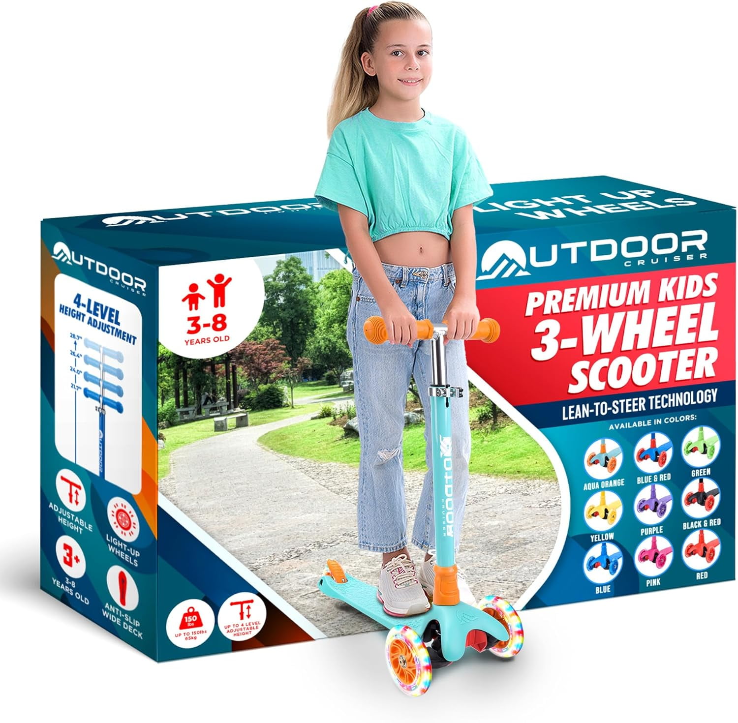 Outdoor Cruiser 3-Wheel Kids Scooter with Lean-to-Steer Technology, Led Lighted Wheel, 4-Level Adjustable Height T-bar Handle, Support Kids Up to 150 Lbs, for Boys & Girls Ages 3-8, Aqua and Orange